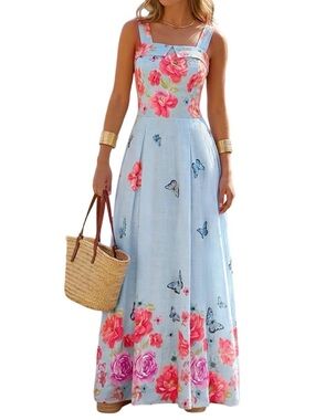 CHICME Light Blue Floral Butterfly Square Neck Boho Maxi Summer Dress Size XL